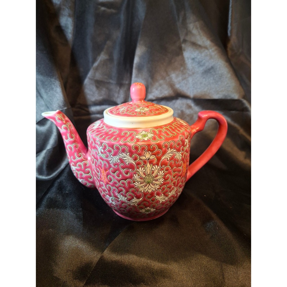 Vintage Pink Mun Shou Chinese Teapot Famille Rose Longevity Porcelain 6in